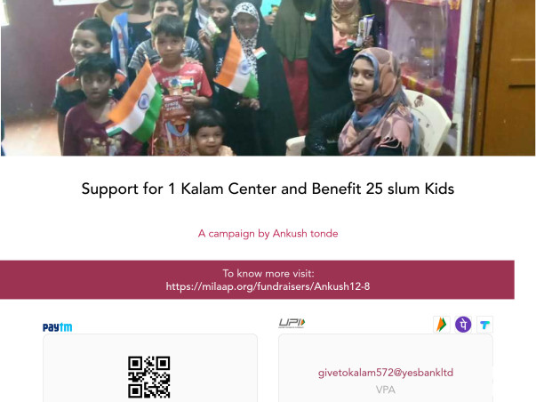 Support for 1 Kalam Center and Benefit 25 slum Kids