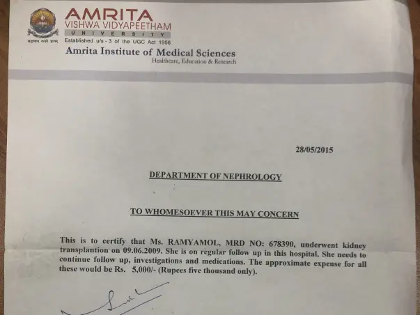Help Ramya Mol for Kidney Transplantation