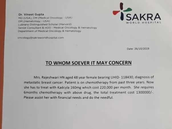 Support Rajeshwari Recover From Breast Cancer