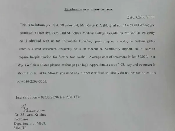 Support Rince K A fight/recover from Thrombotic Thrombocytopenic Purpura (TTP)