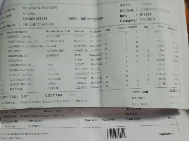 Help Abdul Khader To Fight Against Covid With Lung Infection