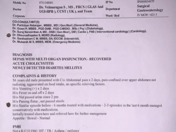 51 years old L Elavarasan  needs your help fight Acute Cholecystetitis