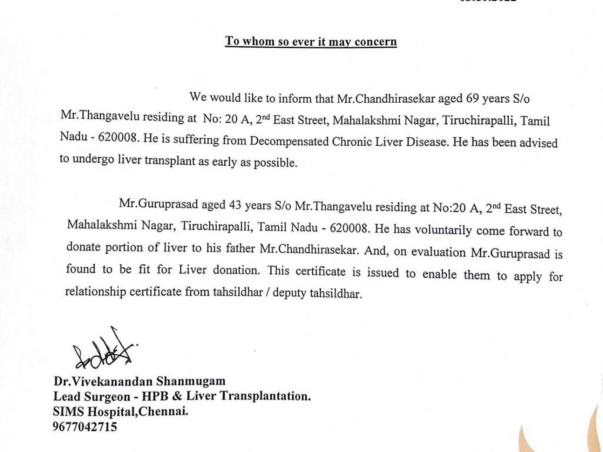 Support My Father Chandrasekar To Undergo Liver Transplant