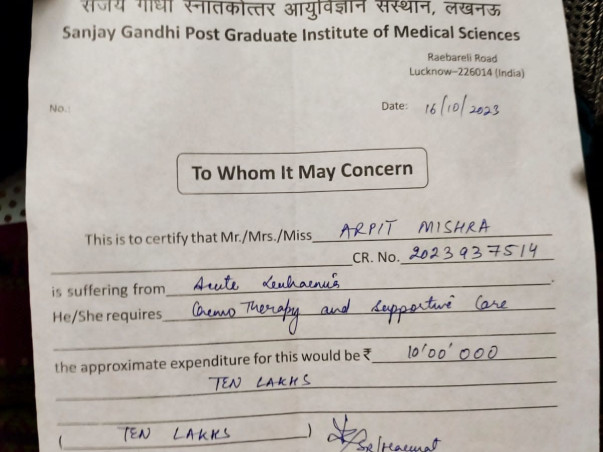 Arpit's Medical Expenses For Blood Cancer