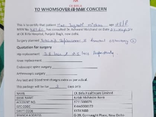 Need urgent financial help for hip replacement surgery