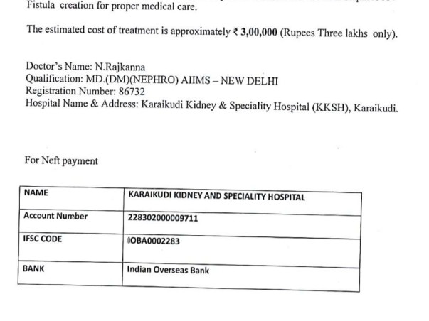 Support Shanmugam To Recover Fom Kidney Failure