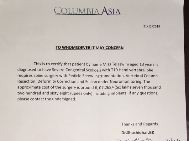 Help Tejashwini Undergo Spinal Cord Operation