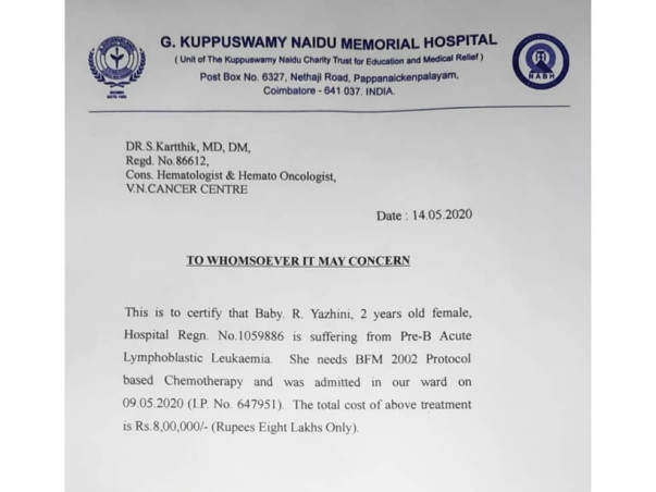 2 years old Yazhini needs your help fight Pre-B Acute Lymphoblastic Leukemia