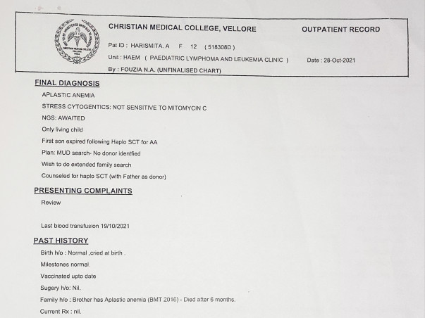 12 years old HARISMITA A needs your help fight Aplastic Anemia