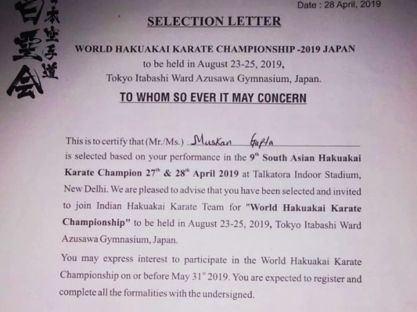 Help Muskan Participate in World Hakuakai Karate Championship in Japan