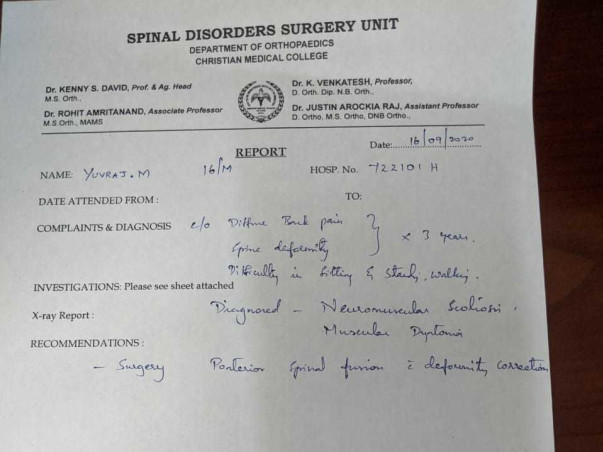 Support Yuvaraj - Spinal Disorder surgery