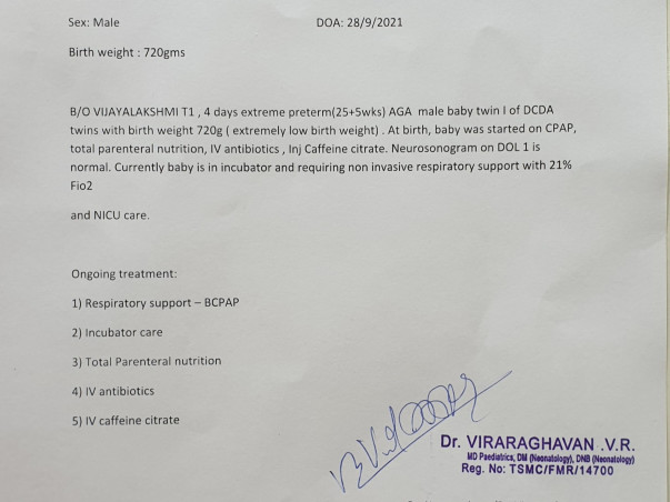 Help New Born Twins to fight Extreme preterm AGA RDS Intraventricular