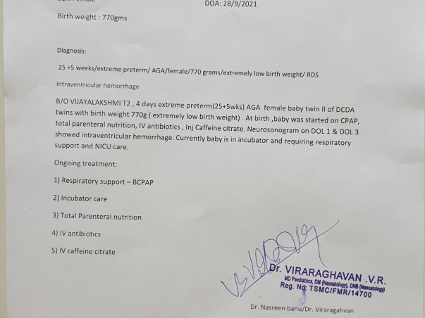 Help New Born Twins to fight Extreme preterm AGA RDS Intraventricular