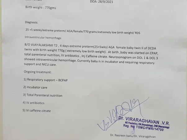 Help New Born Twins to fight Extreme preterm AGA RDS Intraventricular