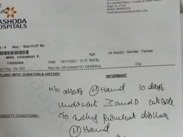 17 Years Old Vaishnavi Needs Your Help Fight Hand Infection