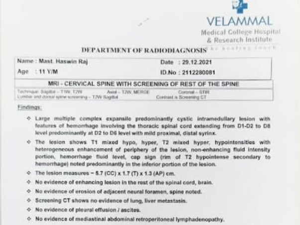 Support Haswin Raj To Recover From Ependymoma