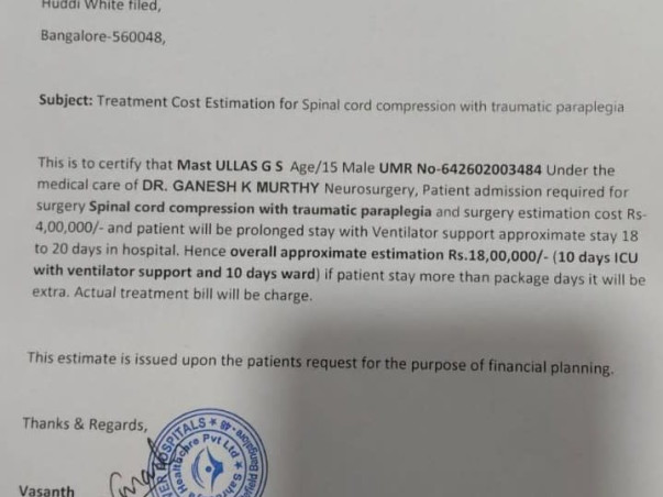 Help Ullas for his Spinal Treatment
